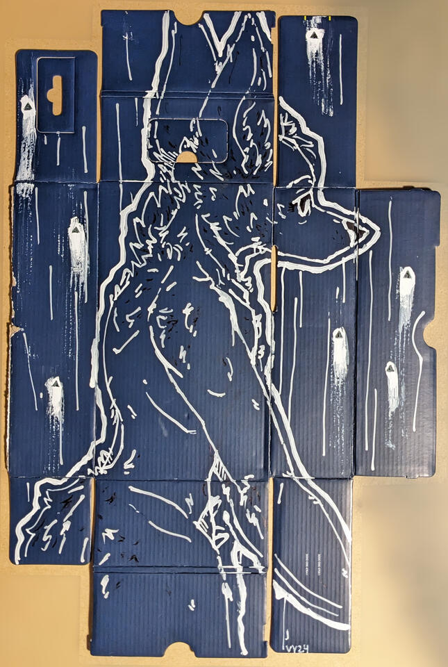 Untitled, 2024 20.5x13.5&quot; Correction Fluid, Ballpoint Pen on recycled glossy cardboard