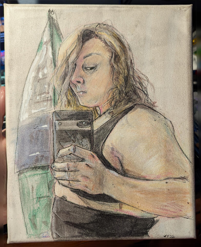 Self Portrait w Nonhuman Flag, 2025 10x8" Conté, Charcoal, Alcohol Marker, and Color Pencil on canvas