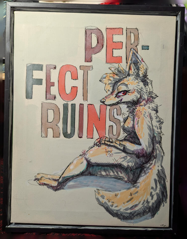 Perfect Ruins, 2024 14x11" Acrylic, Ballpoint Pen, Alcohol Marker and Highlighter on canvas print