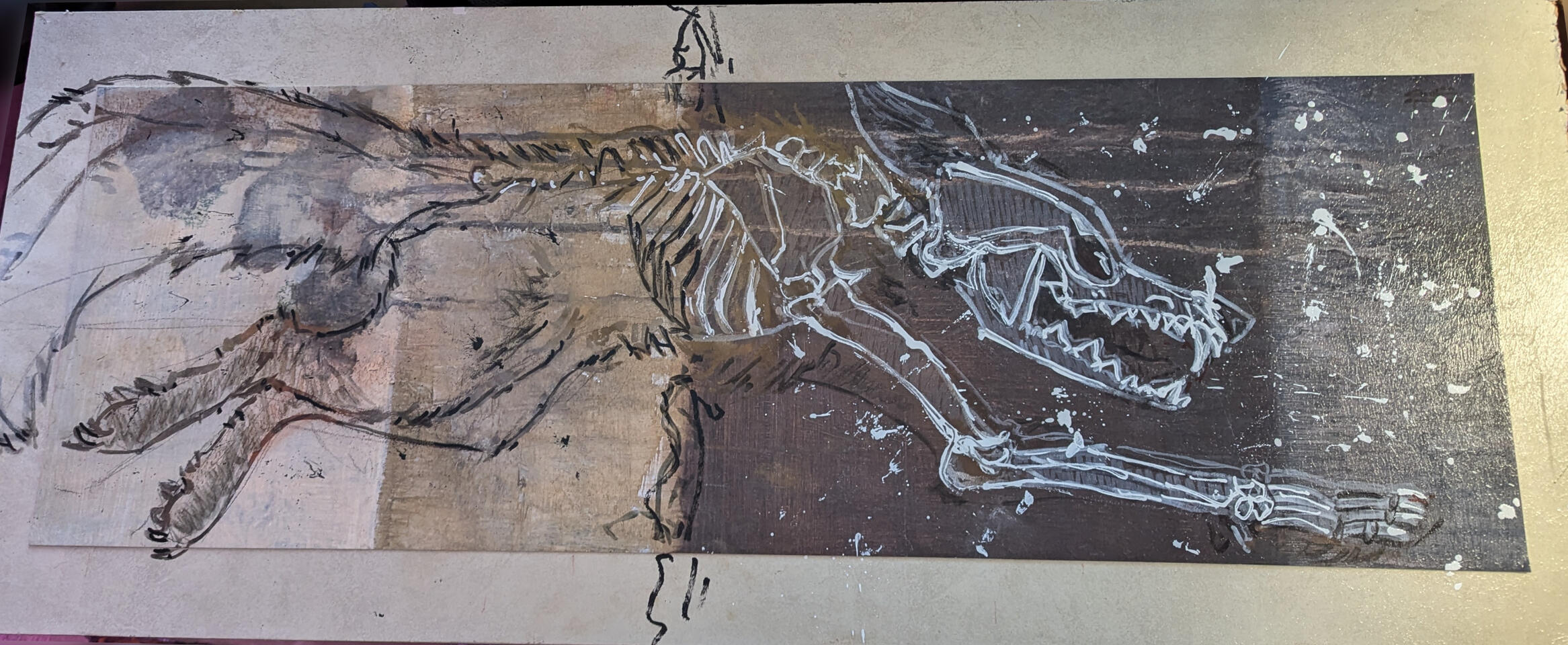 I Wont Stop, 2024 16x40" India Ink, Acylic, Correction Fluid and Alcohol Marker on recycled chipboard