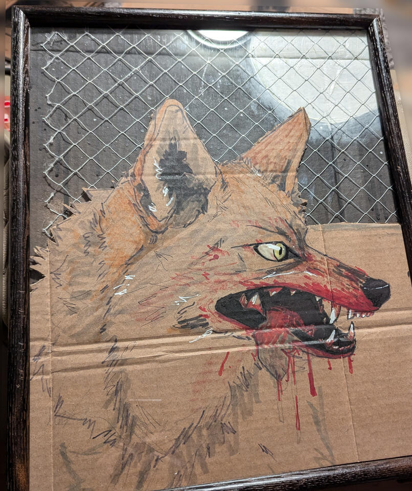 Riot, 2024 21x17&quot; Cardboard, Used Air Filter, Acrylic, Graphite, Ballpoint Pen, Alcohol Marker, Highlighter, Corrective Fluid and UV Reactive Paint on Cardboard