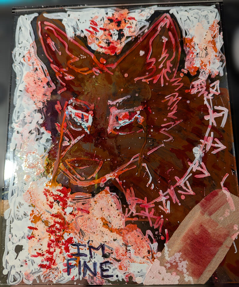 Fine, 2025 10x7&quot; Corrective Fluid, Highlighter, Alcohol Ink, Permanent Marker and Bandage on glass