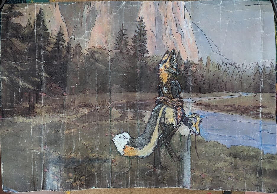 For Fox, 2024 Corrective Fluid, Alcohol Marker, Permanent Marker, Pigment Marker, Ballpoint Pen, and Color Pencil on worn printed canvas