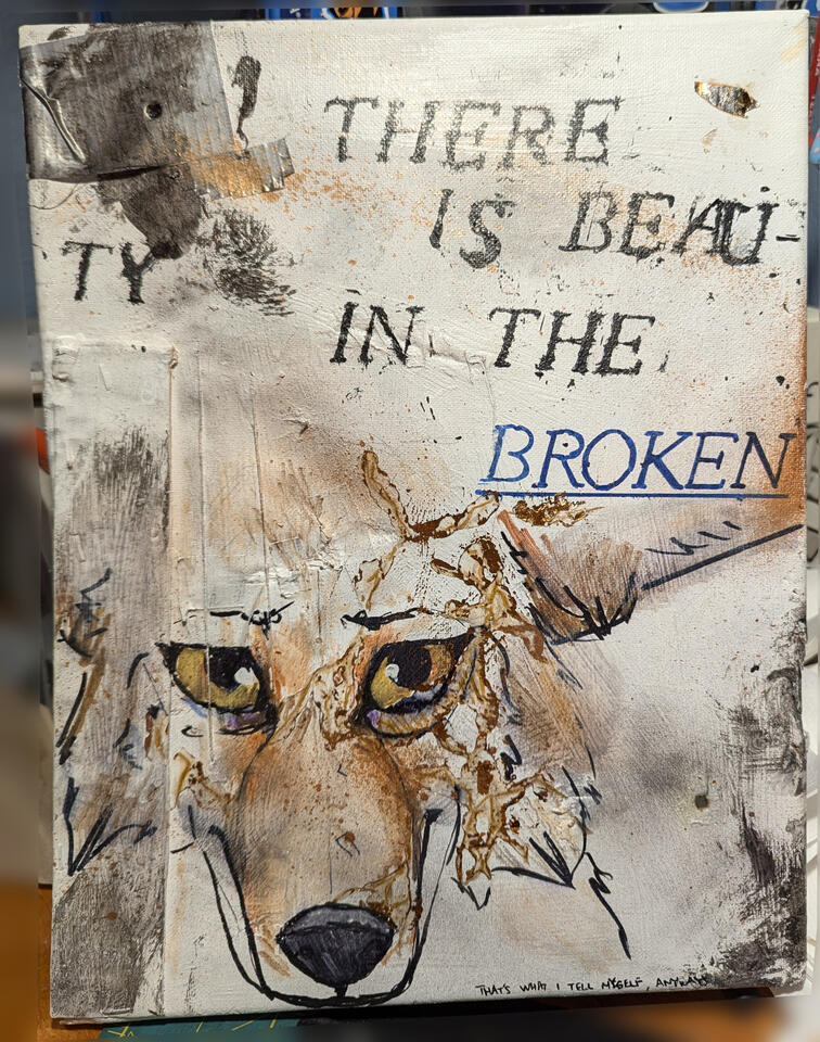 Broken, 2024 14x11" Acrylic, Spray Paint, Permanent Marker, Pigment Marker, Correction Fluid and Copper Leaf on canvas