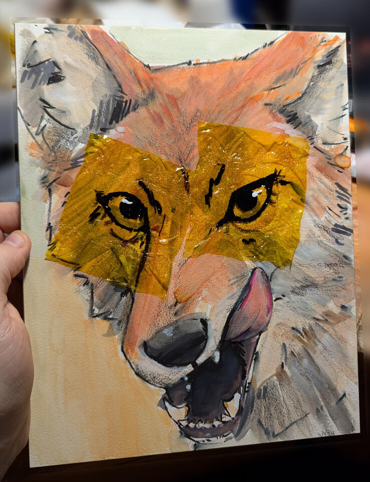 Butterscotch,2024 10x8&quot; Acrylic, Watercolor, Pigment Marker, Dry Erase Marker, Permanent Marker, Graphite, Corrective Fluid and used candy wrappers on Aquaboard