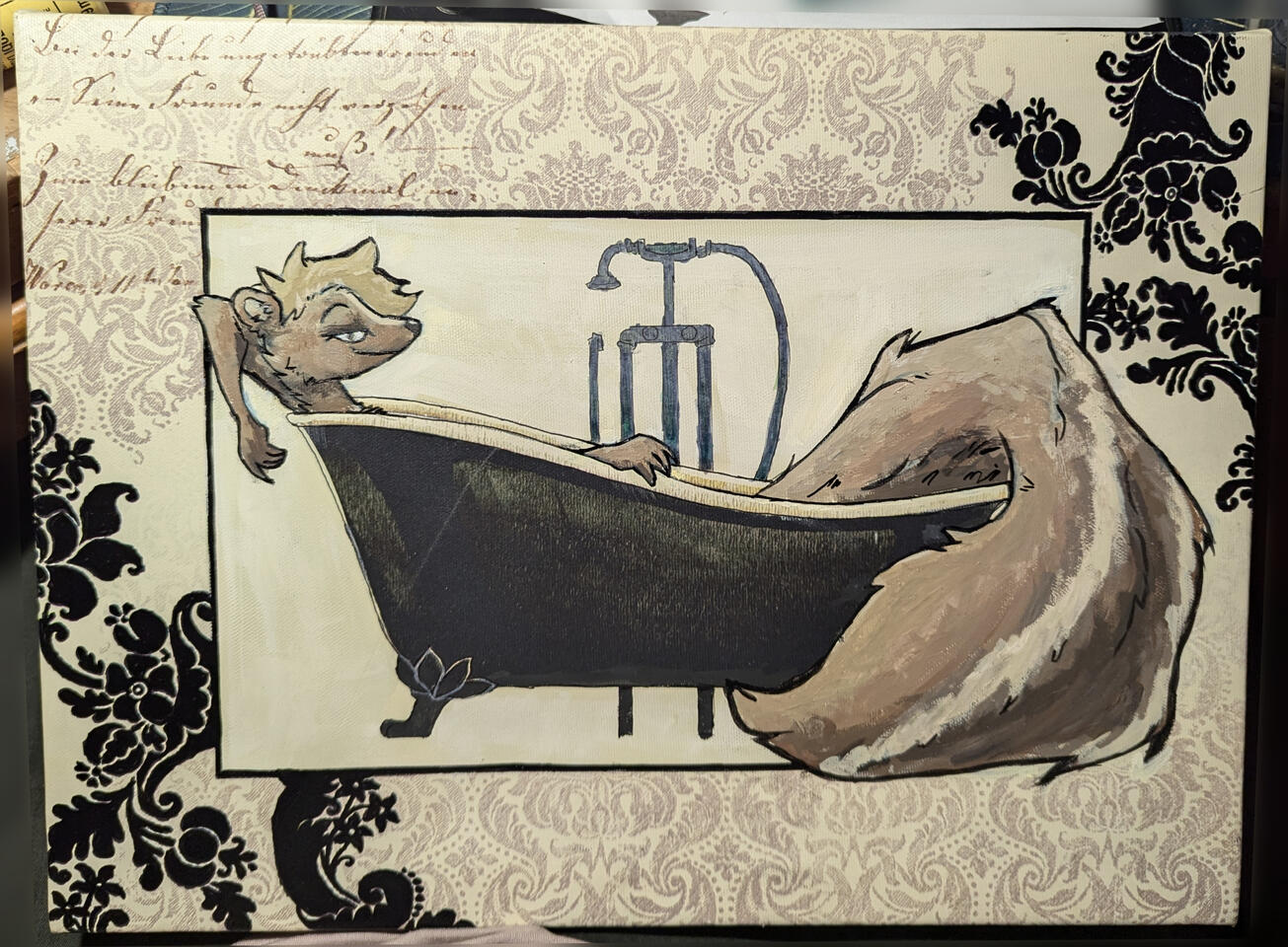 Vanilla Latte Bathwater, 2024 11x14&quot; Acrylic, Permanent Marker and Ballpoint Pen on printed canvas