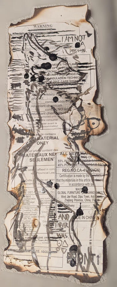 -THER-, 2024 16x6&quot; India Ink on paperboard and flame-retardant labels